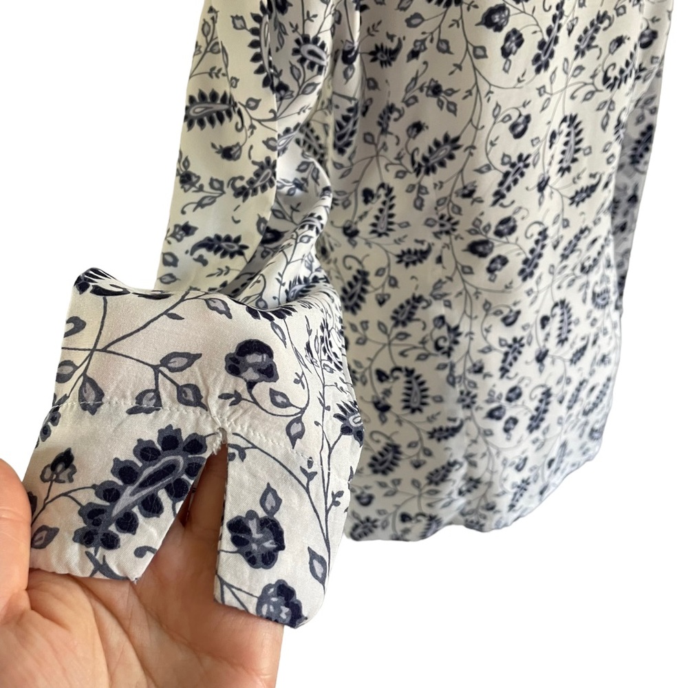 ESPRIT Sz S Blue paisley design on soft cotton button down shirt collarless - Picture 8 of 10